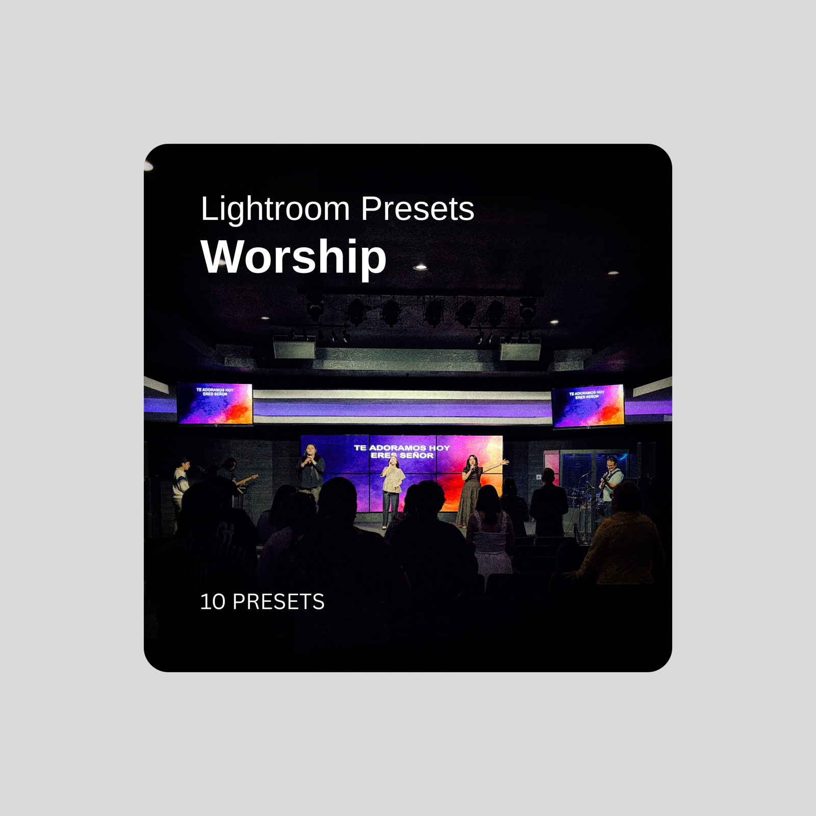 Worship Lightroom Presets — a worship team leading a service under purple and orange stage lighting